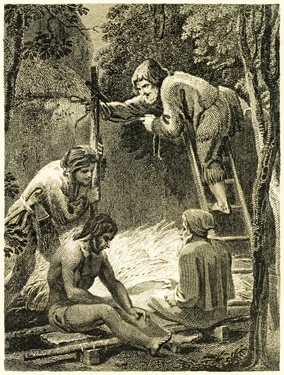 Robinson Crusoe y Viernes construyendo una tienda para alojar al padre de Viernes y al español, de La vida y extrañas sorprendentes aventuras de Robinson Crusoe, marinero de York, por Daniel Defoe de Thomas Stothard