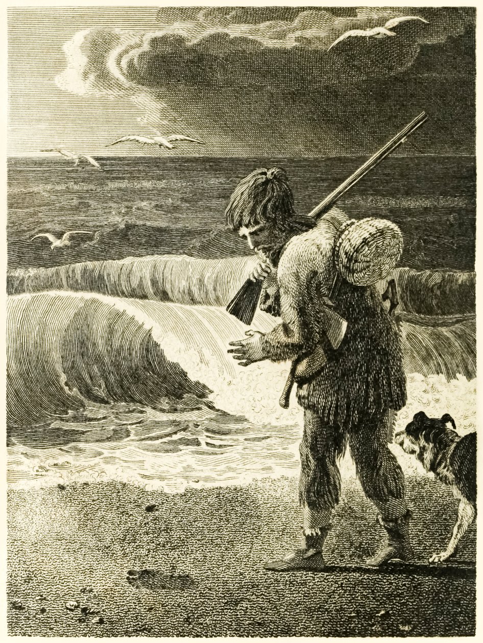 Robinson Crusoe descubre la huella de un hombre, de La vida y extrañas sorprendentes aventuras de Robinson Crusoe, marinero de York, por Daniel Defoe de Thomas Stothard