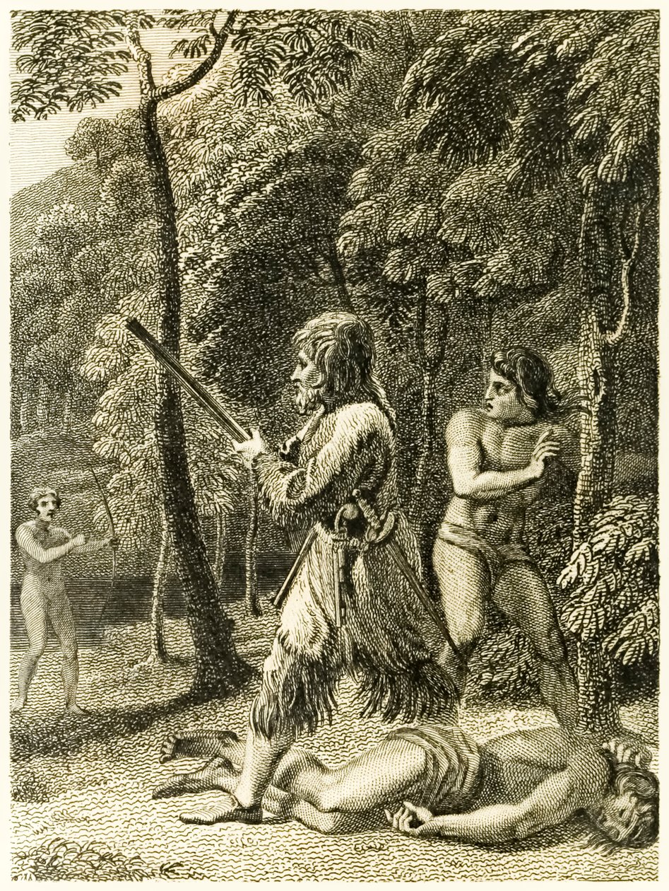 Robinson Crusoe ve y rescata por primera vez a su hombre Viernes, de La vida y extrañas sorprendentes aventuras de Robinson Crusoe, marinero de York, por Daniel Defoe de Thomas Stothard
