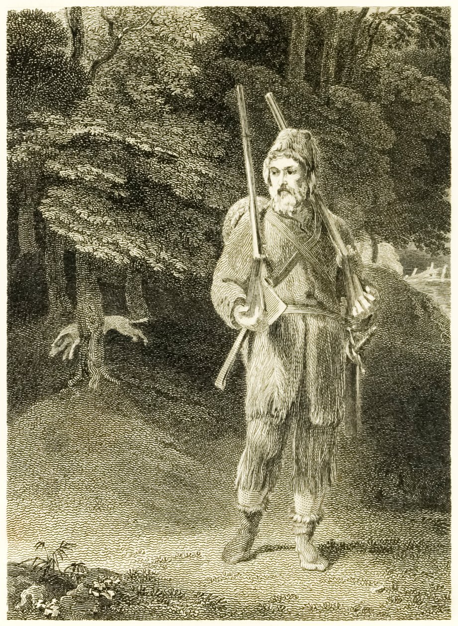 Robinson Crusoe cazando, de La vida y extrañas sorprendentes aventuras de Robinson Crusoe, marinero de York, por Daniel Defoe de Thomas Stothard