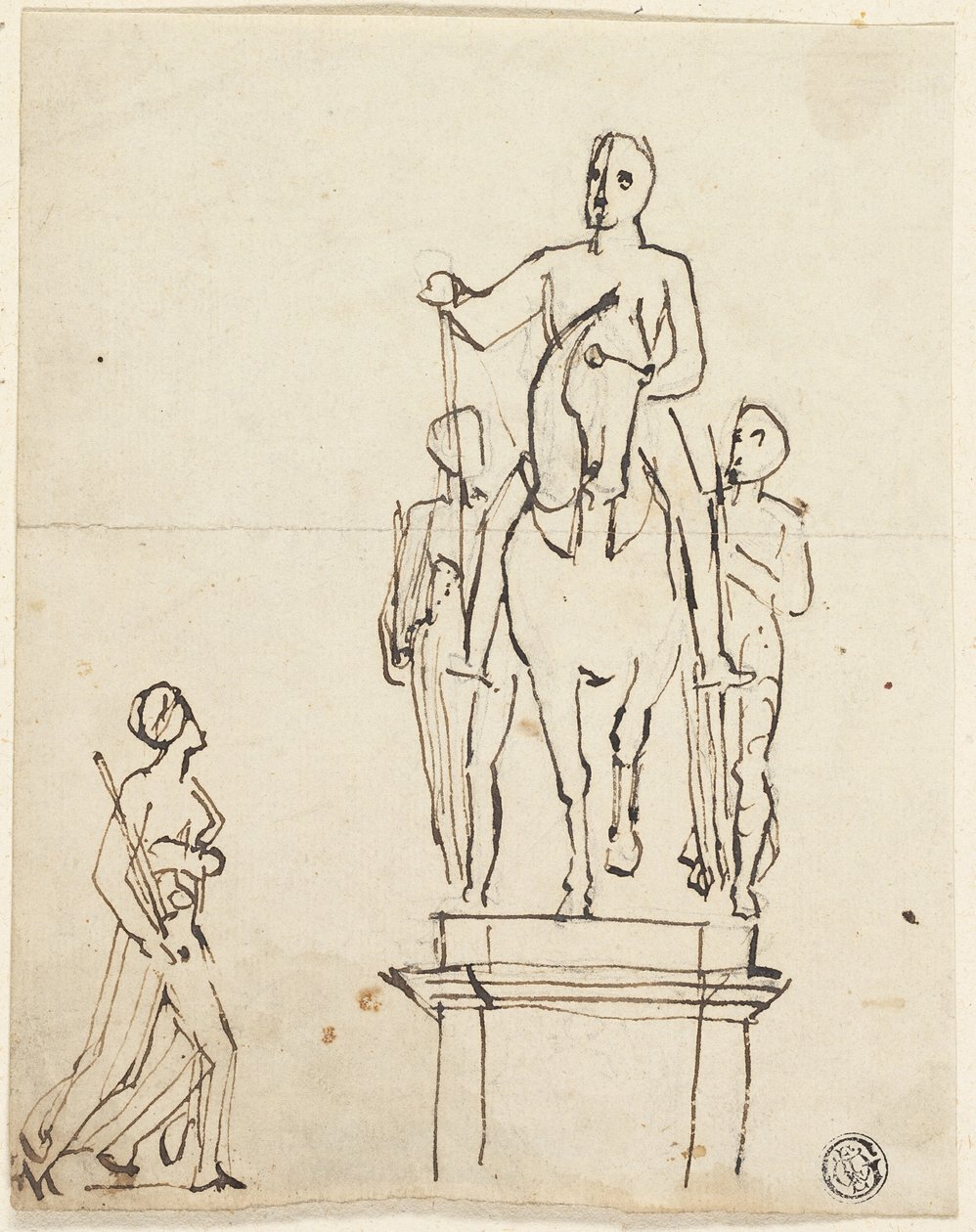 Escultura de jinete acompañado por dos figuras de pie, con boceto de una de ellas de Thomas Stothard