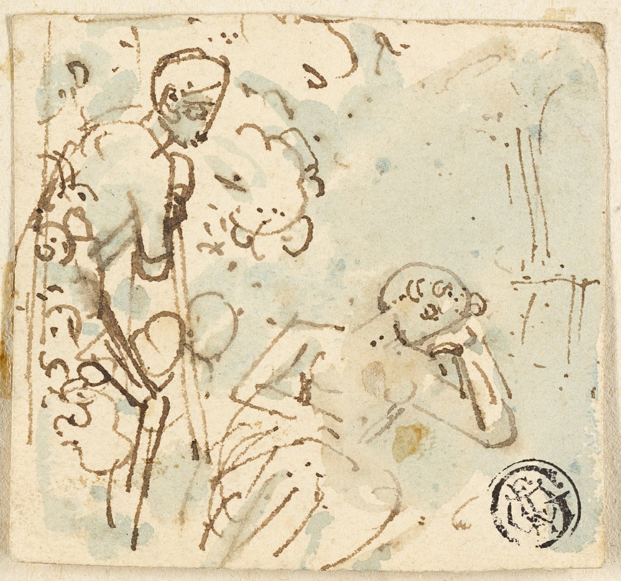 Boceto de hombre apoyado en un bastón, mirando a una mujer dormida de Thomas Stothard