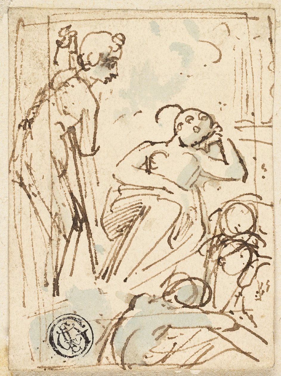 Boceto de hombre apoyado en un bastón, mirando a una mujer dormida de Thomas Stothard