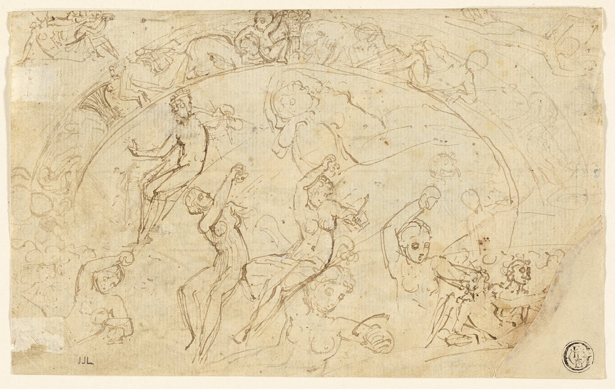 Bocetos para bandeja de plata (recto); Bocetos de frisos, grupos de mujeres (verso) de Thomas Stothard