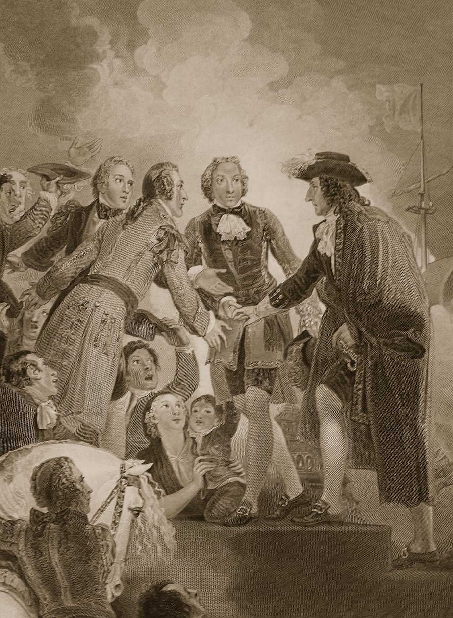 El Desembarco de Guillermo III en Torbay, grabado por George Noble, ilustración de 