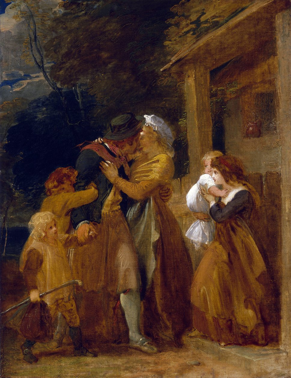 El regreso del marinero, reuniéndose con su familia en el umbral de su casa de campo. Óleo sobre lienzo de Thomas Stothard