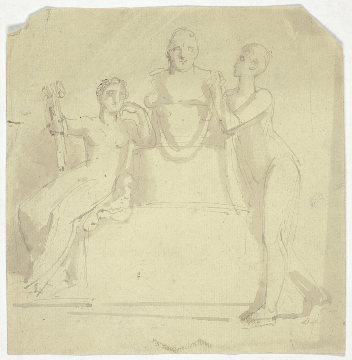 Dos figuras femeninas con un busto de Thomas Stothard
