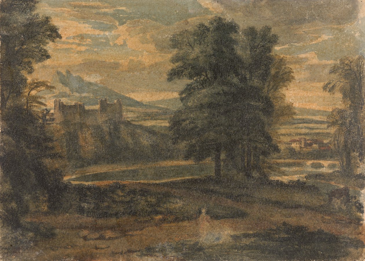 Paisaje con montañas, castillo, árboles y lago de Thomas Sully
