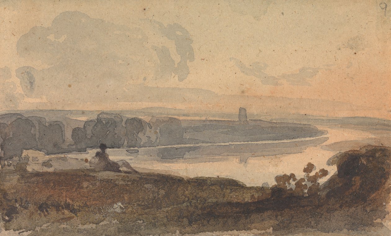 Paisaje, con río serpenteante, figura en una colina en primer plano de Thomas Sully