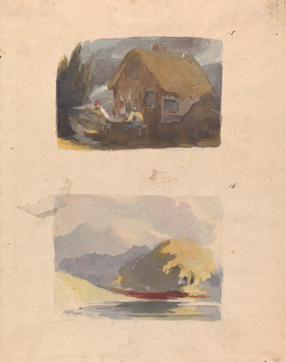 Dos dibujos en una hoja: Cabaña con figuras delante (nº 15); Paisaje con río y montañas - Sol (nº 16) de Thomas Sully