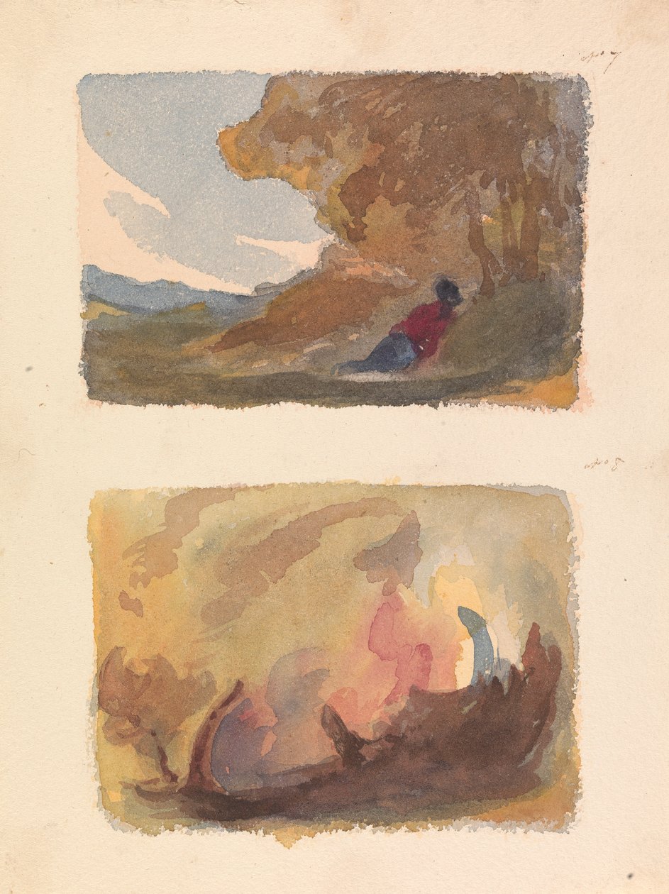 Dos dibujos en una hoja: Paisaje con figura recostada contra una colina - Tiziano y escuela veneciana (nº 7); Paisaje - Variedad de aguadas de acuarela (nº 8) de Thomas Sully