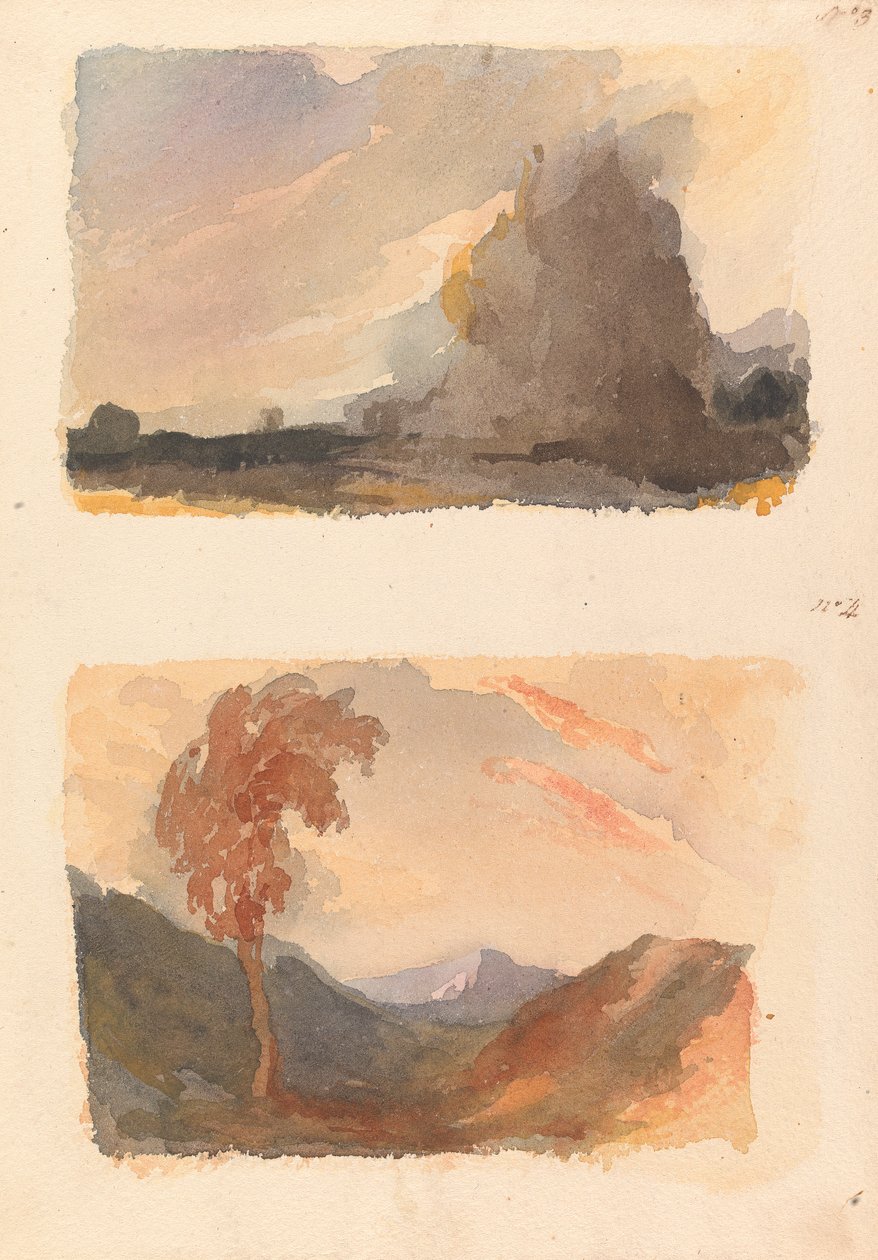 Dos dibujos en una hoja: Paisaje con gran acantilado en primer plano - Principio de Cuyp (nº 3); Paisaje con árbol en primer plano, montañas a lo lejos - Principio de Both (nº 4) de Thomas Sully