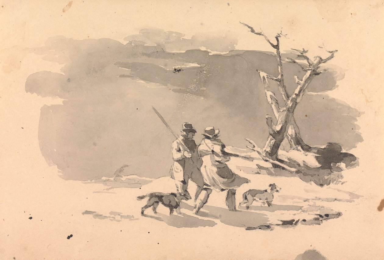 Dos cazadores y dos perros en una escena invernal de Thomas Sully