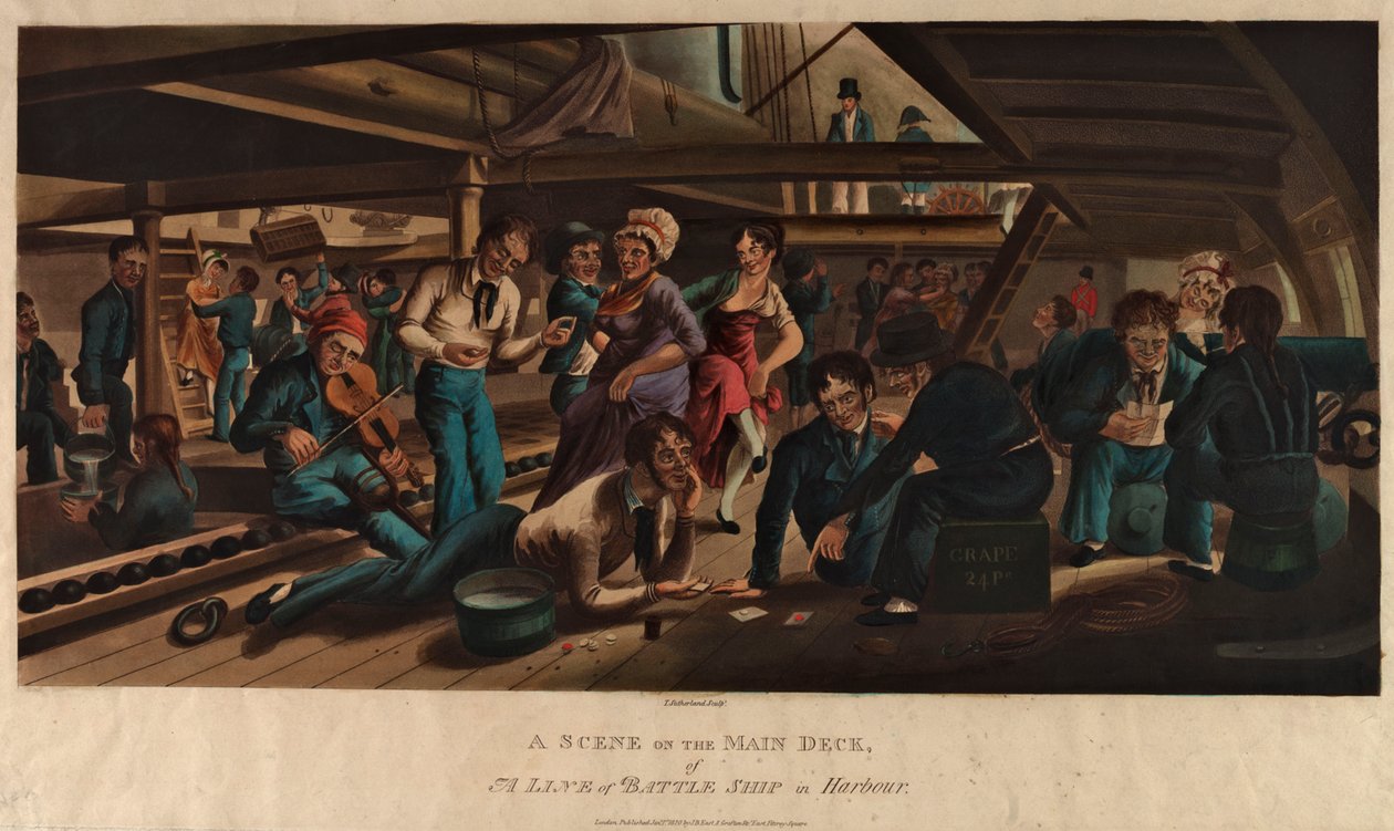 Una escena en la cubierta principal de un buque de línea de batalla en el puerto de Thomas Sutherland