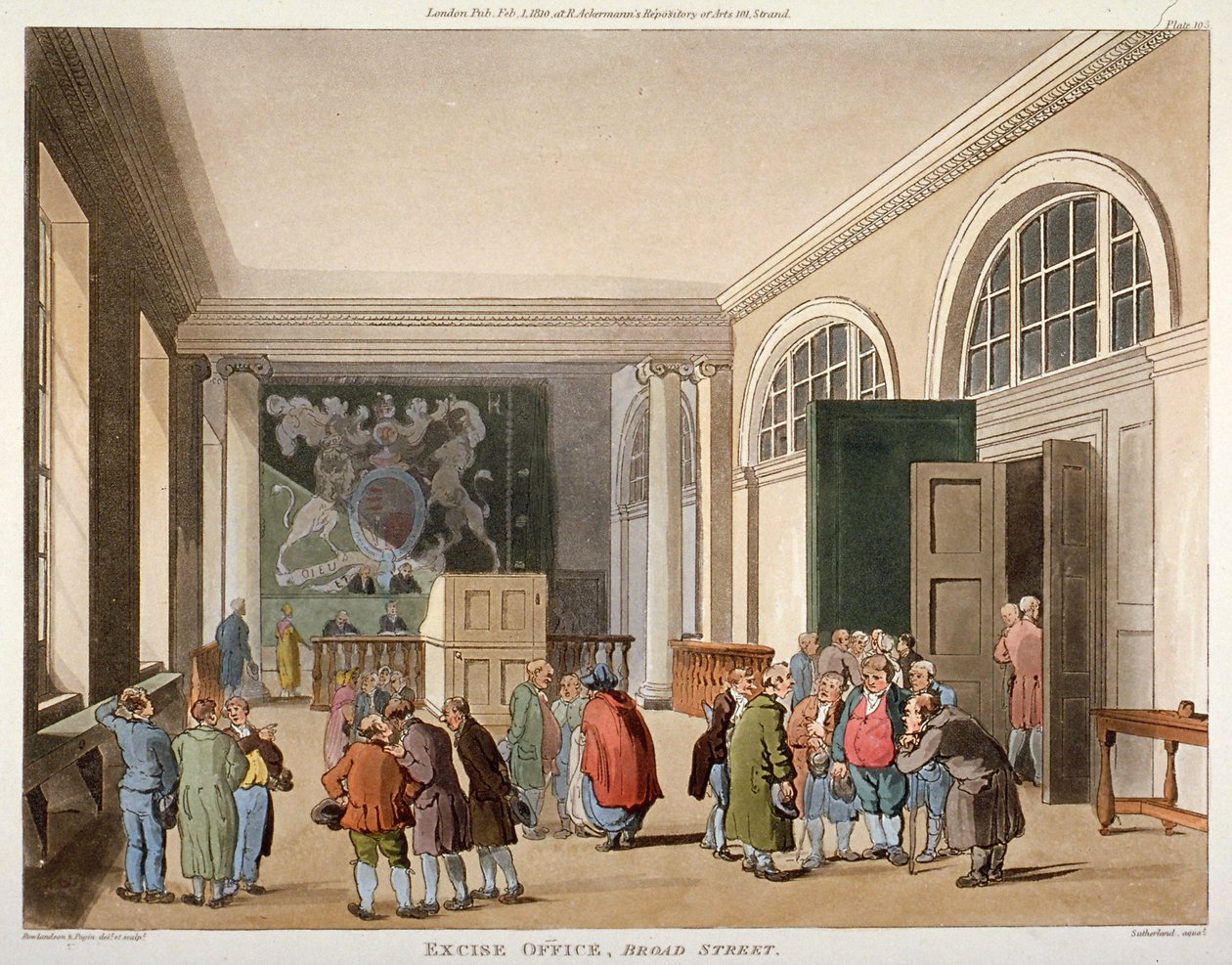 Interior de la Oficina de Impuestos, Old Broad Street, Ciudad de Londres, 1810 de Thomas Sutherland