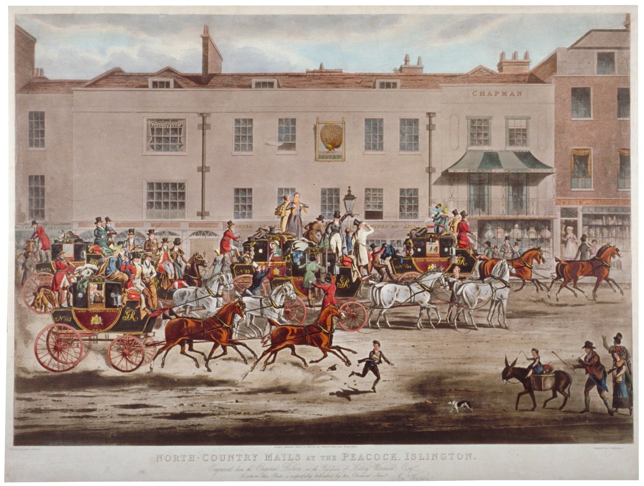Coches de correo frente a la posada Peacock en Islington High Street, Londres de Thomas Sutherland