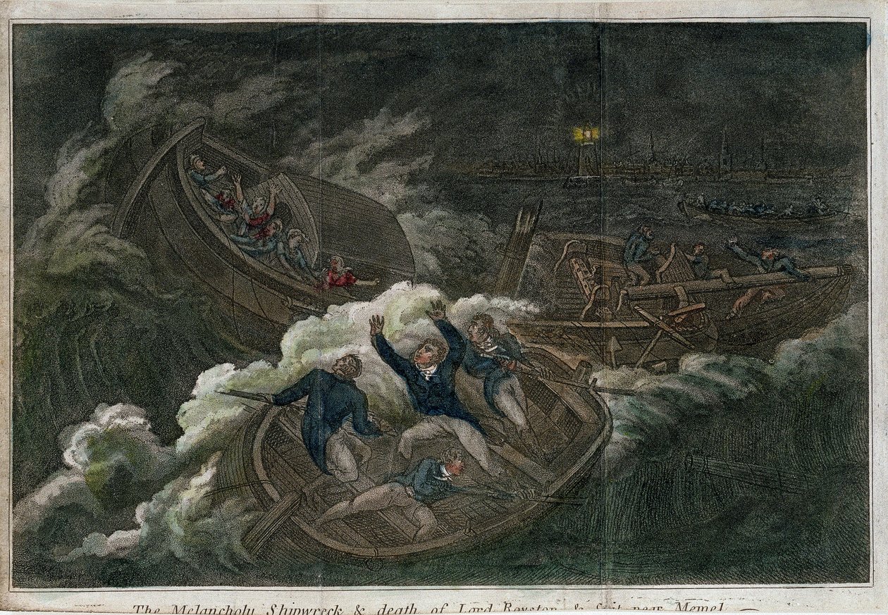 El Melancólico naufragio y la muerte de Lord Royston. Litografía (17,5 x 25,8 cm), edición de Londres (Inglaterra), por Thomas Tegg (¿1808). Arte inglés de Thomas Tegg