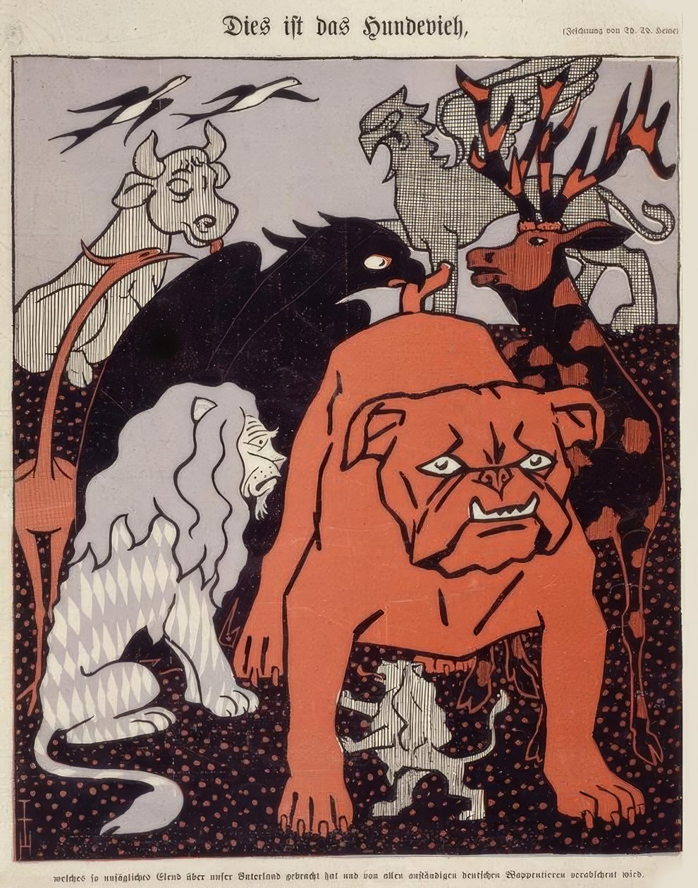 Este es el perro que ha traído tanta miseria a nuestra patria y es despreciado por todos los animales heráldicos decentes alemanes de Thomas Theodor Heine