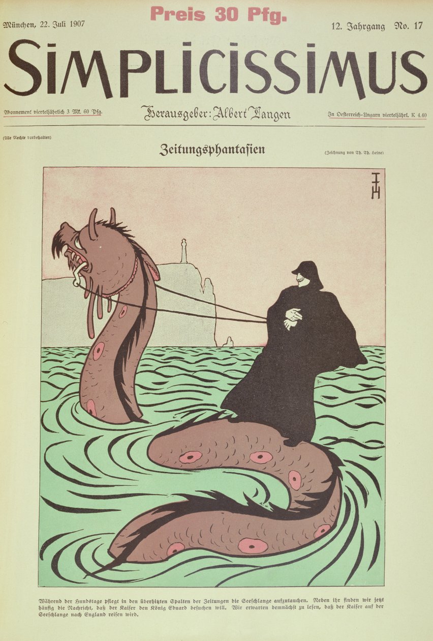 El Kaiser cabalga en la Sea Snake hacia Inglaterra, portada Ilustración de Simplicissimus de Thomas Theodor Heine