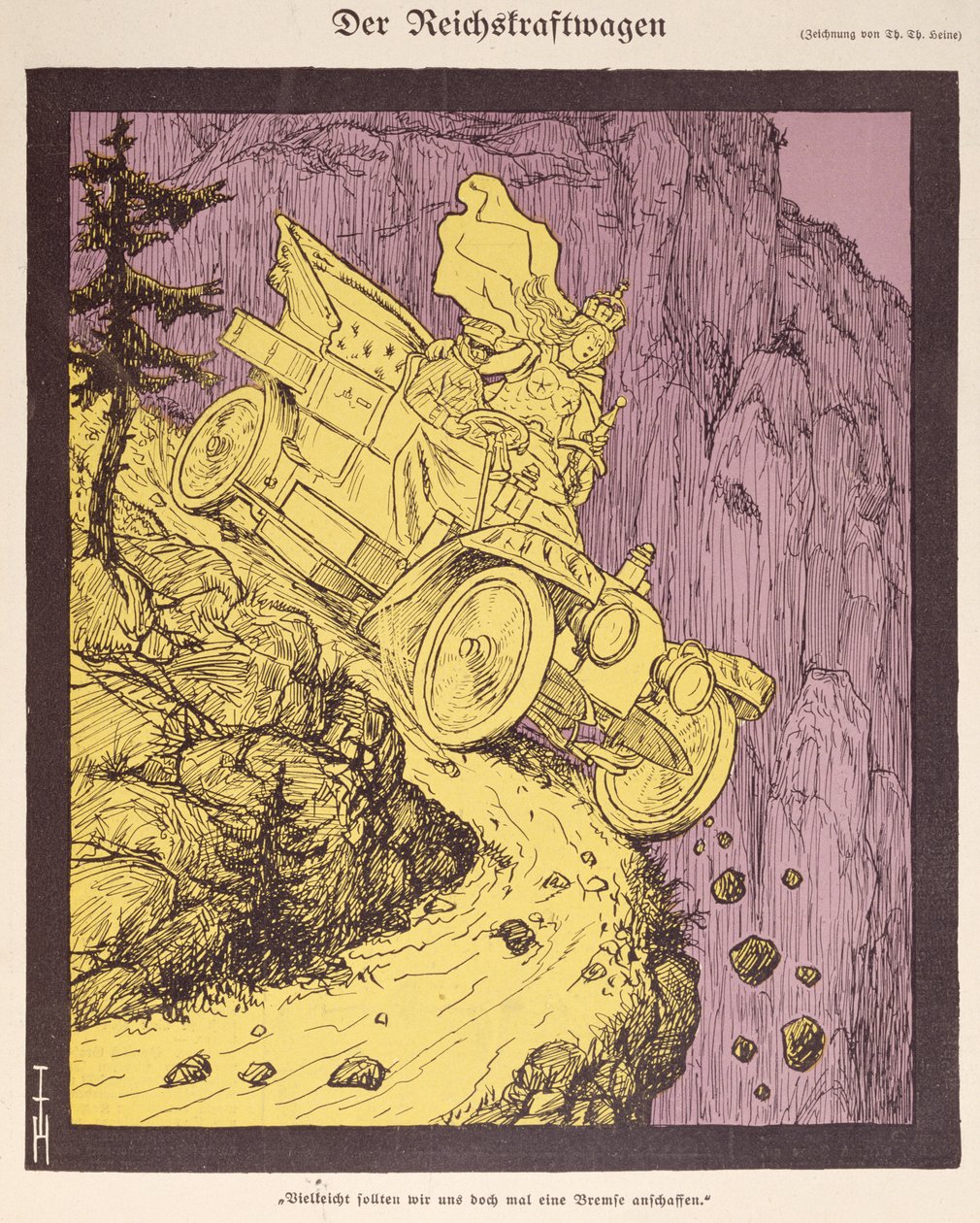 El Coche del Imperio Alemán conducido por Guillermo II (1859-1941) ilustración de la portada de "Simplicissimus" 1907 (litografía en color) de Thomas Theodor Heine