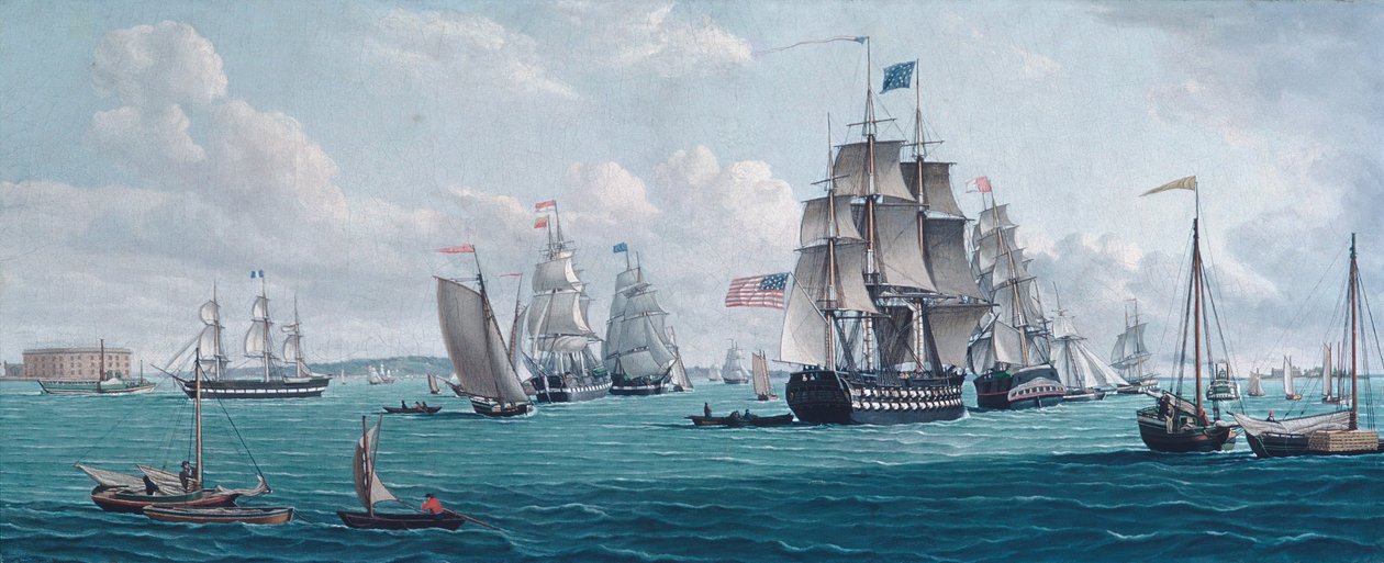 El barco estadounidense Franklin, con una vista de la bahía de Nueva York, 1820s o 1830s de Thomas Thompson