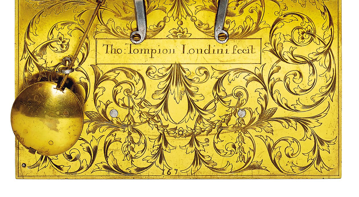(detalle) de un reloj de mesa de William y Mary con repetición de cuartos, no. 167, c.1690 de Thomas Tompion