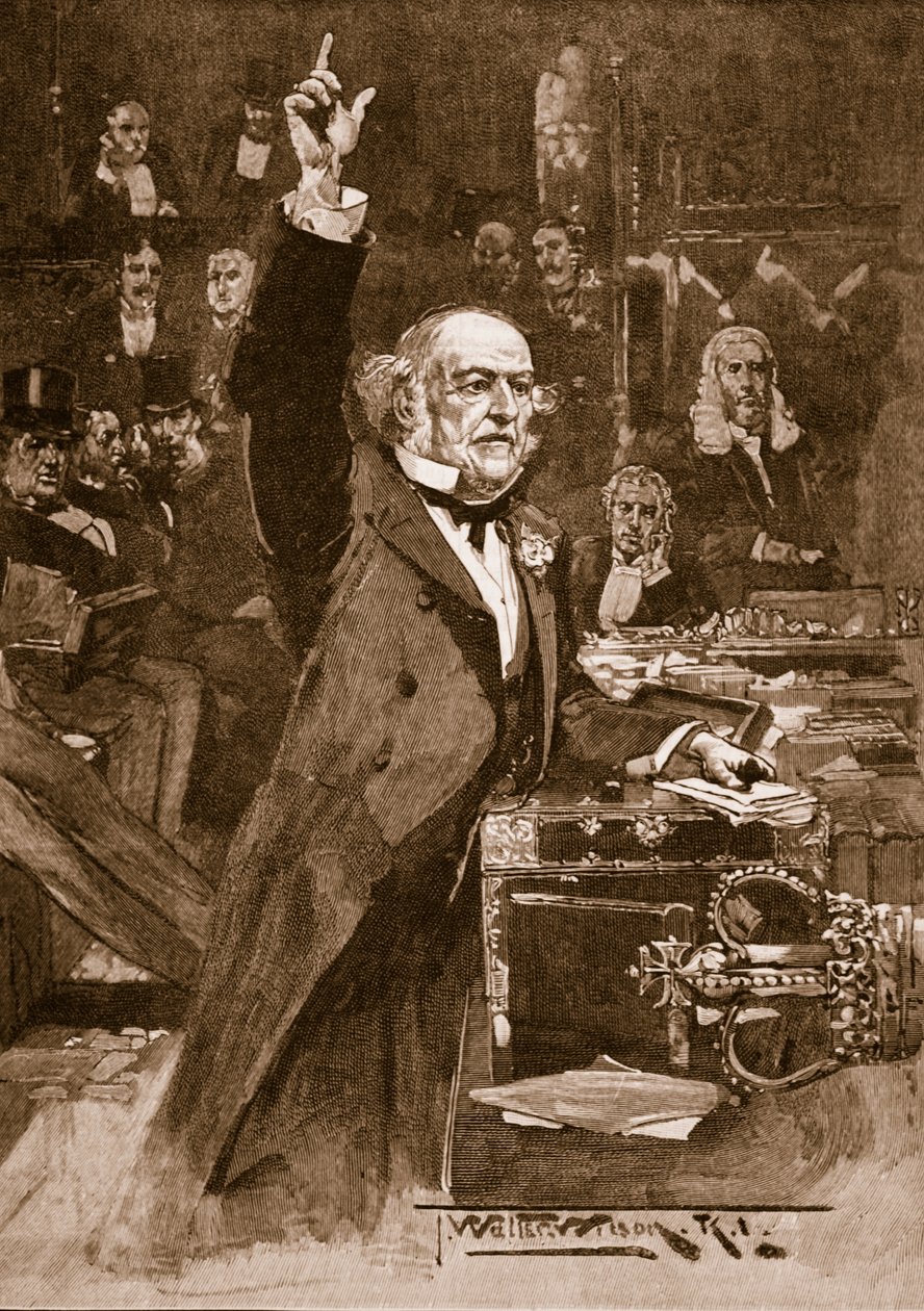 Introducción del proyecto de ley de autonomía: Mr. Gladstone entregando su perorata, 1886, ilustración de 