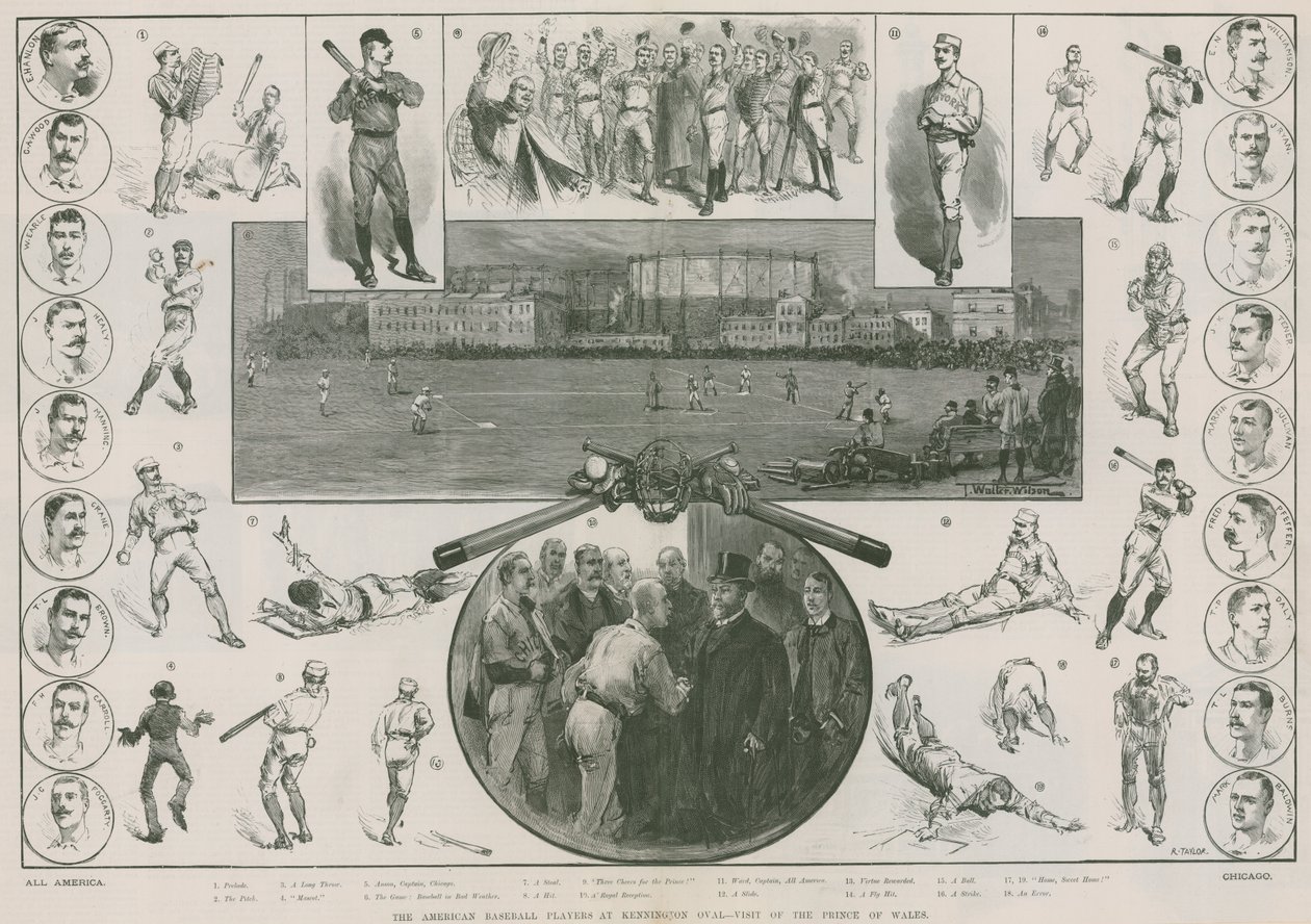 Los jugadores de béisbol americanos en Kennington Oval - visita del Príncipe de Gales (grabado) de Thomas Walter Wilson