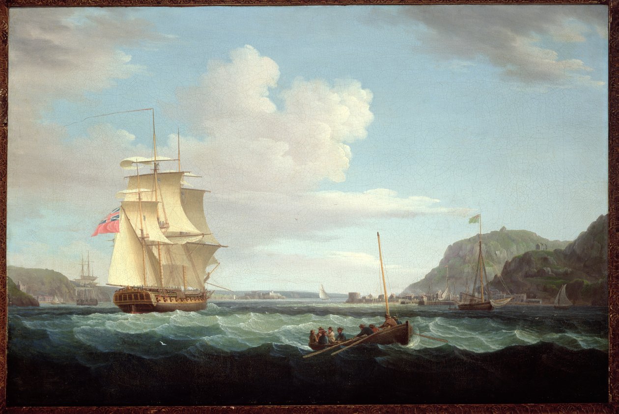 Una Fragata Británica con un Bote Largo frente al Promontorio de Gallows Hill, Broad Bay, Isla de Lewis, Hébridas de Thomas Whitcombe