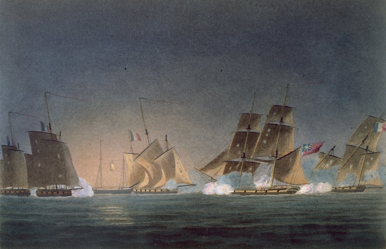 HMS Rinaldo enfrentándose a cuatro corsarios franceses, grabado por J. Bailey para 