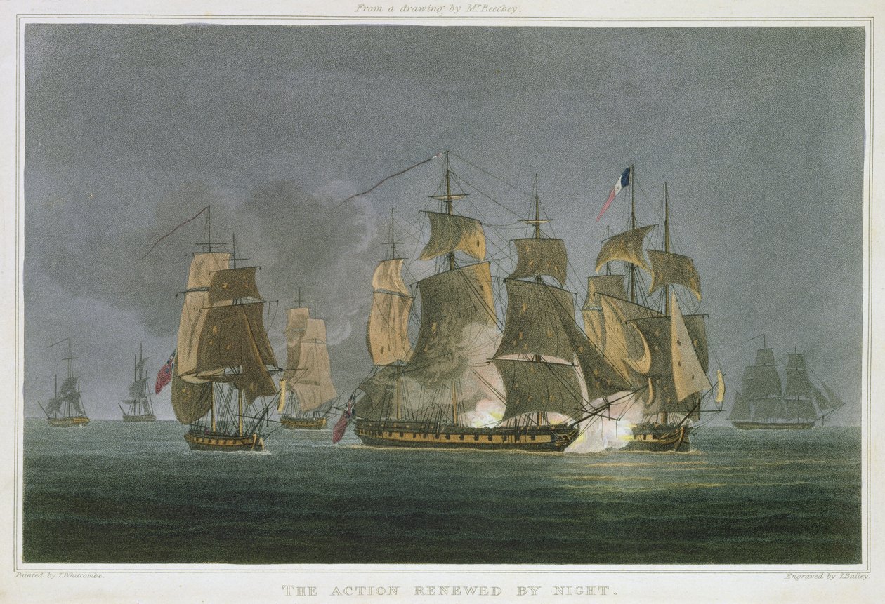La acción renovada por la noche, frente a Madagascar, 20 de mayo de 1811, grabado por J. Bailey para 