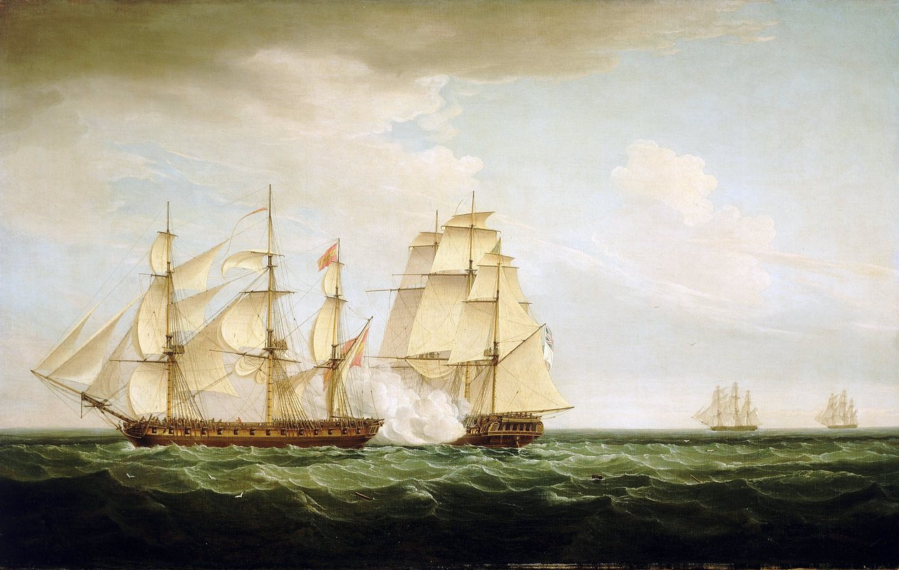 Las maniobras de combate del buque británico "Pearl" (en el centro) contra el buque español "Santa Monica" (a la izquierda), frente a las Azores (islas portuguesas del Océano Atlántico), el 14 de septiembre. de Thomas Whitcombe