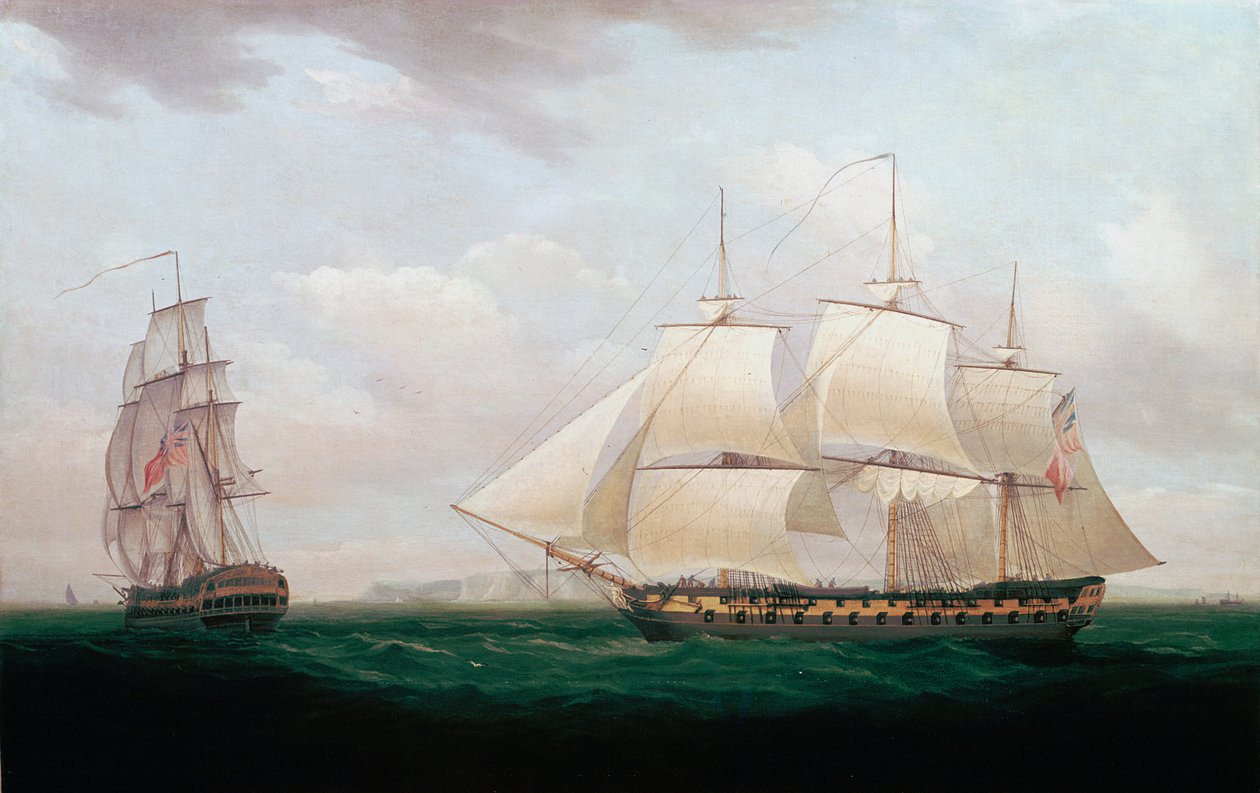 Dos East Indiamen frente a una costa, Thomas Whitcombe, c1850 de Thomas Whitcombe