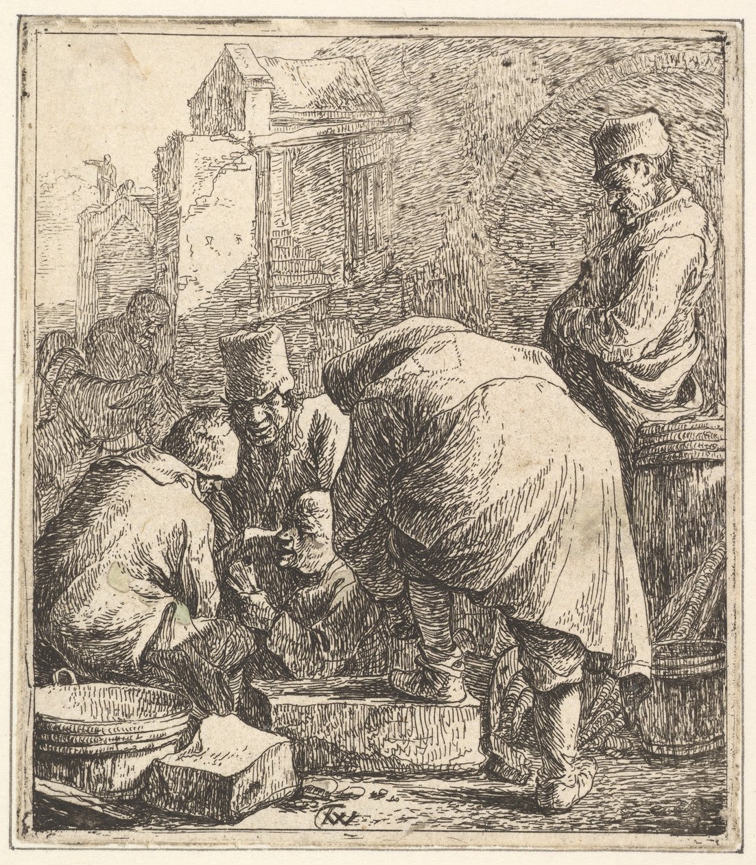 Hombre Ajustando su Calzado, a la Izquierda Tres Hombres Jugando a las Cartas, 1630-77 de Thomas Wijck