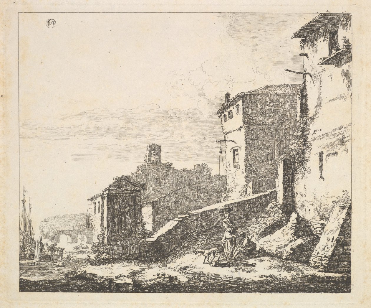 Escena de Pueblo con Mujer de Pie Junto a un Hombre Sentado, copia, siglo XVII de Thomas Wijck