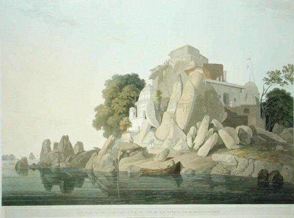 Vista suroeste de la Roca de los Fakires en el río Ganges cerca de Sultaungunge, placa 61 de 