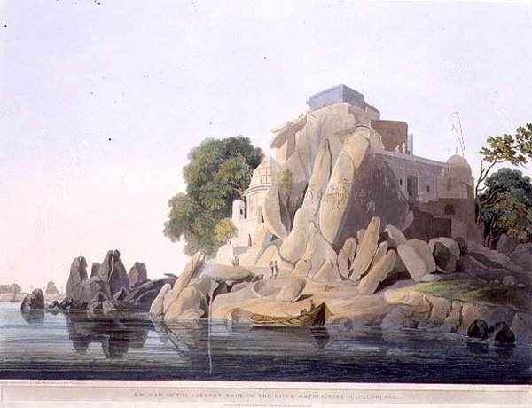 Vista suroeste de la Roca del Falso en el río Ganges, cerca de Sultaungunge, placa IX de la Parte 3 de 