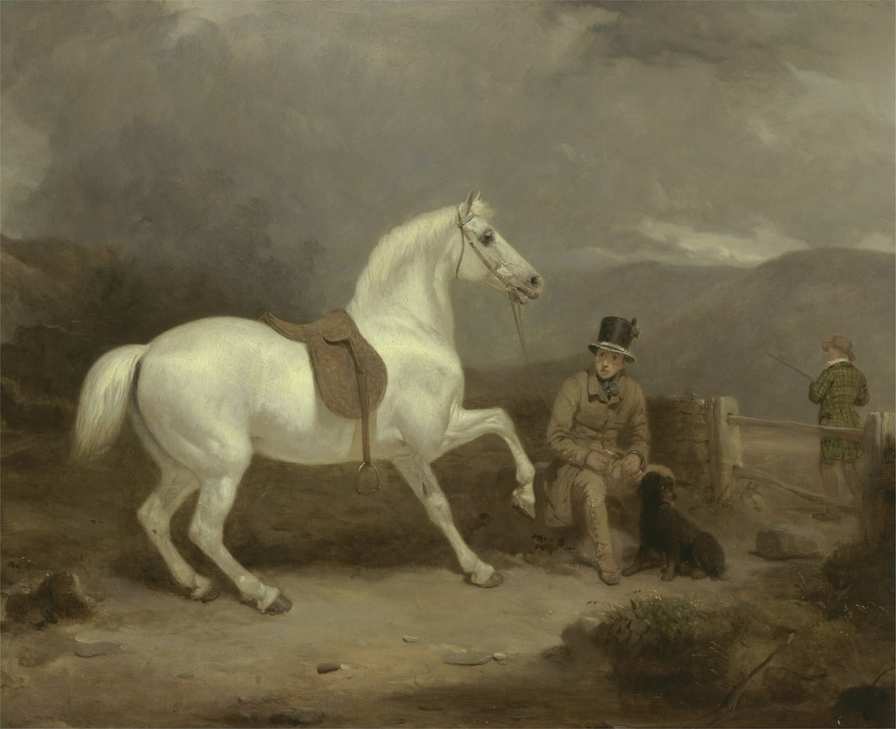 El pony de tiro gris del Sr. Johnstone King esperando con un mozo en un páramo escocés de Thomas Woodward