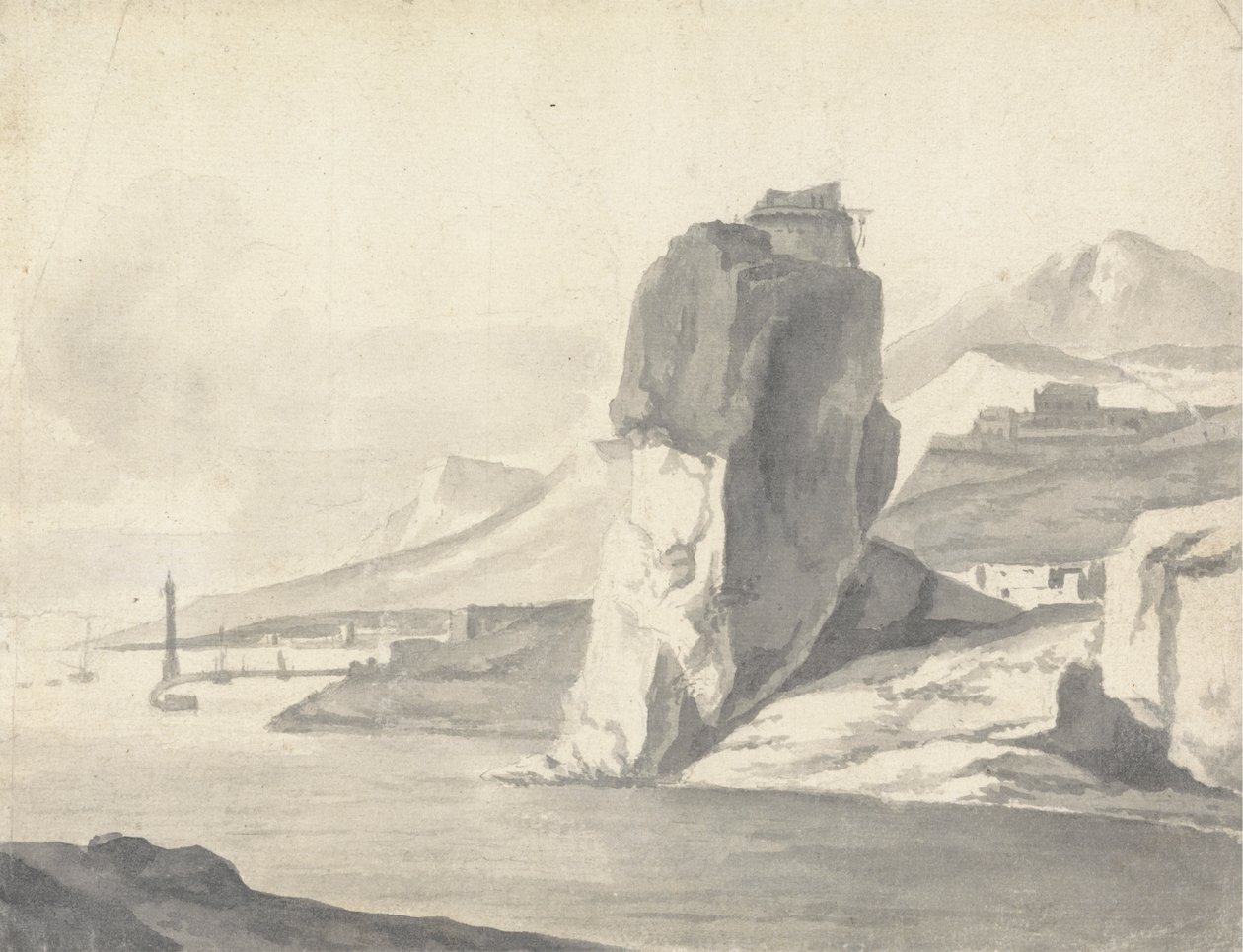 Escena costera (italiana) con rompeolas, altos acantilados y un fuerte de Thomas Wyck
