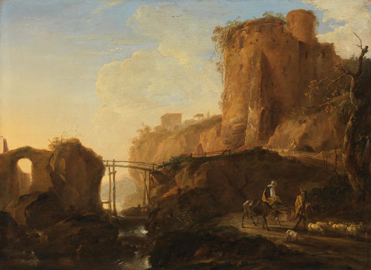 Paisaje italianizante con puente y ruina de castillo de Thomas Wyck