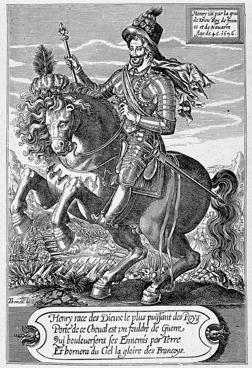 Retrato de Enrique IV (1553 - 1610) (a caballo) a los 45 años, grabado por Thomas de Leu de Thomas de Leu