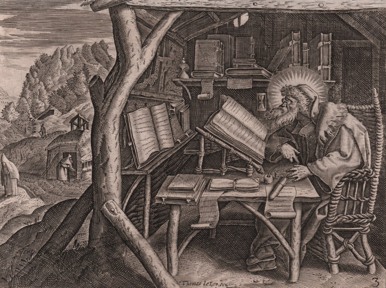 San Evagrio Póntico inmerso en sus estudios, grabado y buril por Thomas de Lieu (1560-1612) de Thomas de Leu