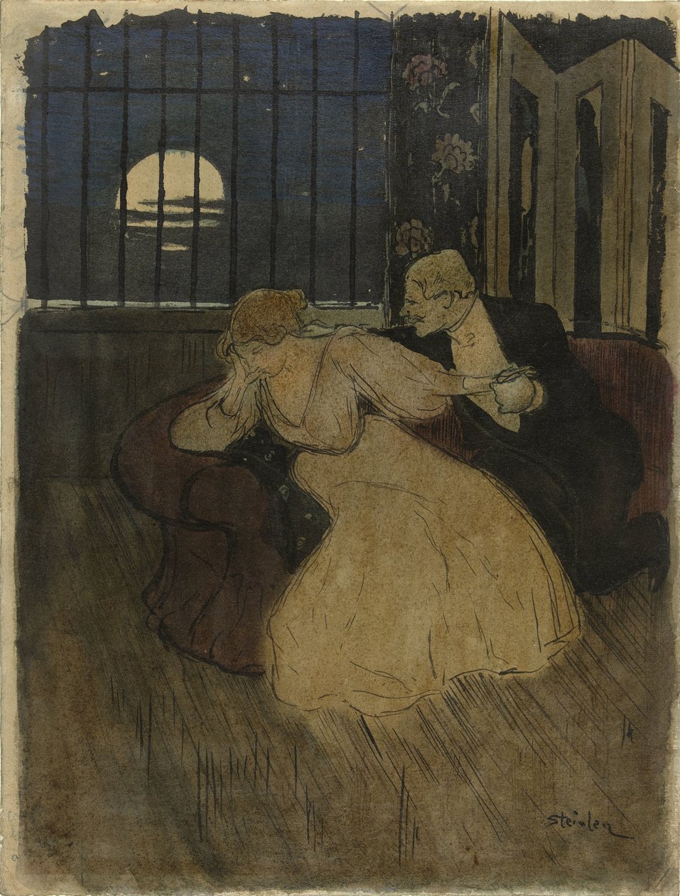 Un caballero con falda intenta persuadir a una dama dudosa en un sofá de Théophile Alexandre Steinlen