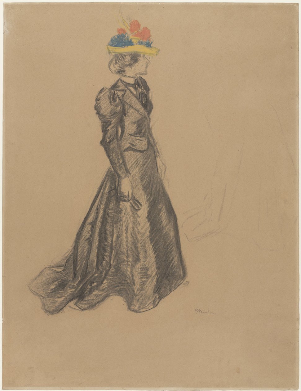 Dama de pie, vestida de negro y con cola, y sombrero de paja de colores con flores de verano de Théophile Alexandre Steinlen
