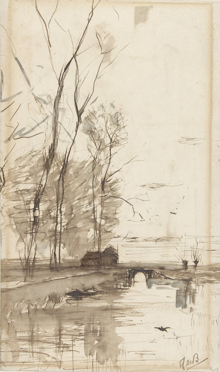 Vista del canal con árboles altos, una granja y un puente de Théophile de Bock (possibly)