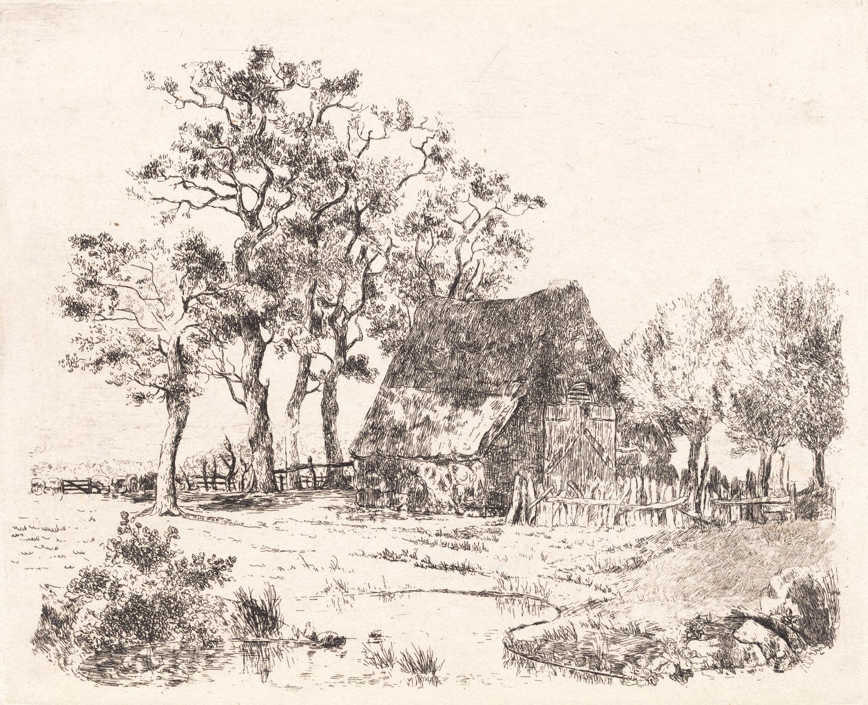 Una casa con techo de paja entre árboles de Thorald Læssøe