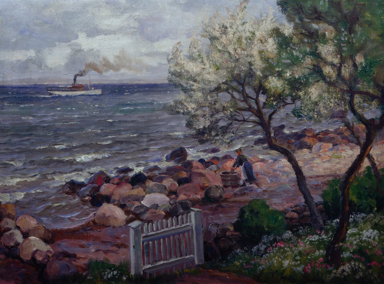 Paisaje de verano con puerta de jardín y mujer (óleo sobre lienzo) de Thorolf Holmboe