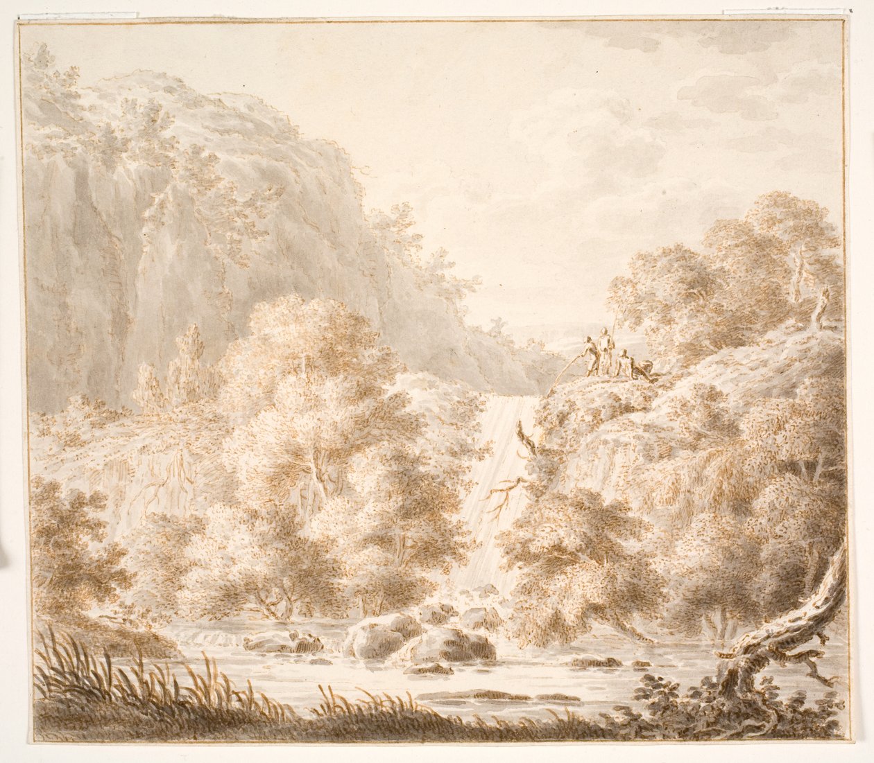 Paisaje montañoso con árboles y cascada, y tres figuras de Thorsten Elias Hjaltelin