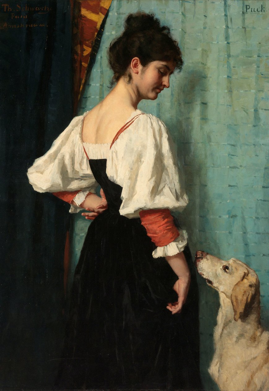 Retrato de una mujer joven con el perro Puck
Joven italiana con el perro Puck de Thérèse Schwartze