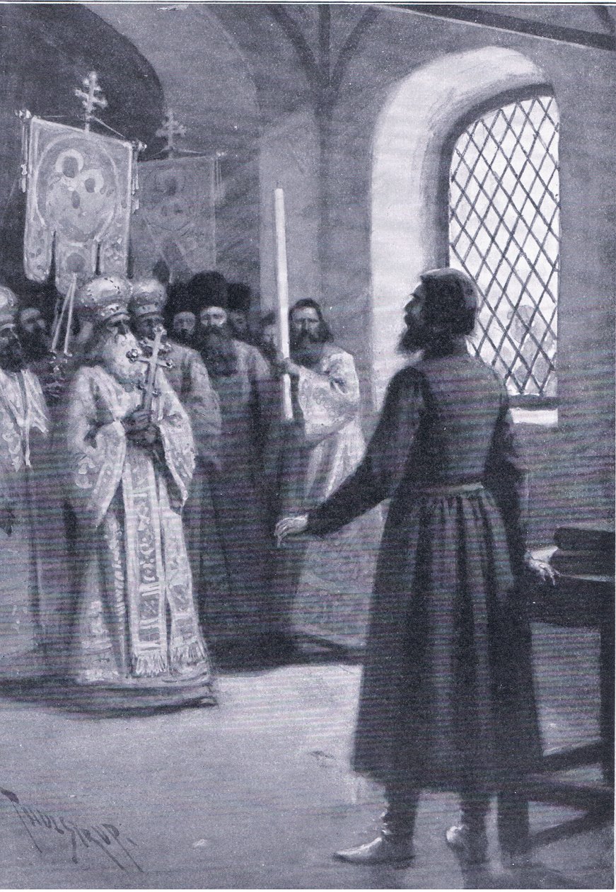 Boris Godunov en retiro en el monasterio suplicado para aceptar su elección como Zar, ilustración de Hitos en la Historia Europea publicada por Gresham Publishing Co, c.1920 (litografía) de Thure de Thulstrup